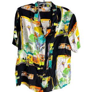 Sharon Anthony Women's Short Sleeves Multicolor Print Button Black Shirt Size 18